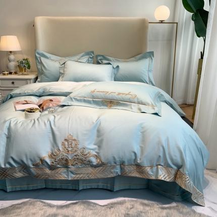 馨蕊家居 202160s双股埃及长绒棉维尼亚系列四件套湖水蓝