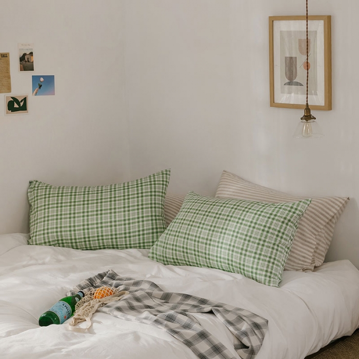 91家纺网 家纺一手货源 找家纺 艾沁 2020新款13372全棉枕套48*74cm 绿白条格