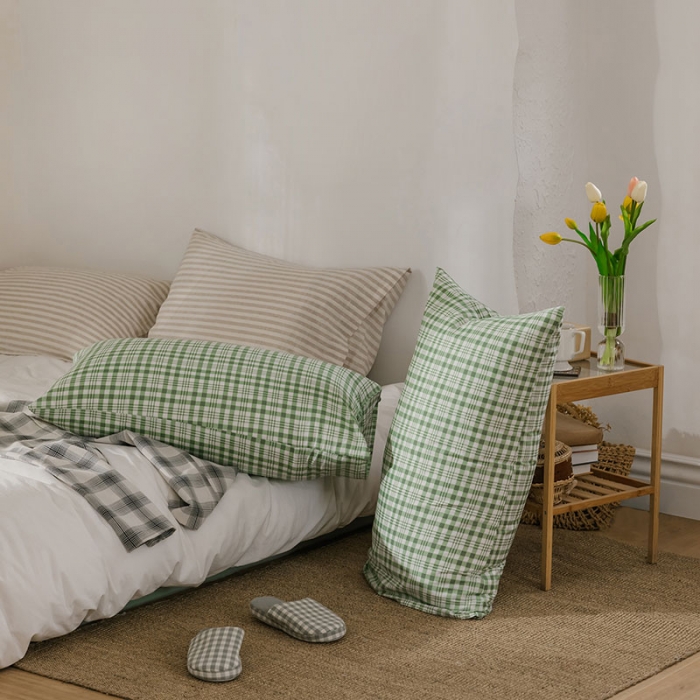 91家纺网 家纺一手货源 找家纺 艾沁 2020新款13372全棉枕套48*74cm 绿白条格