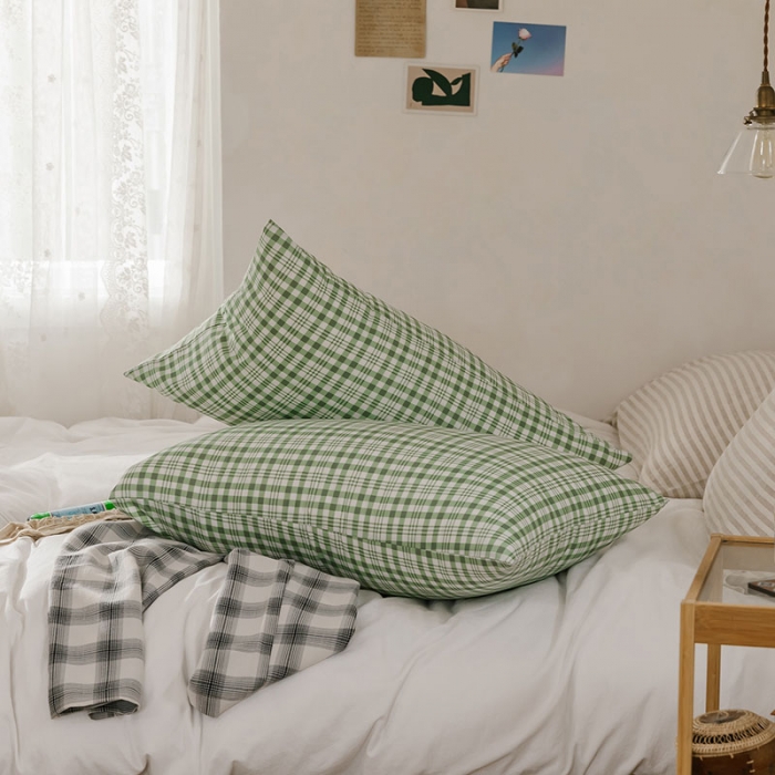 91家纺网 家纺一手货源 找家纺 艾沁 2020新款13372全棉枕套48*74cm 绿白条格