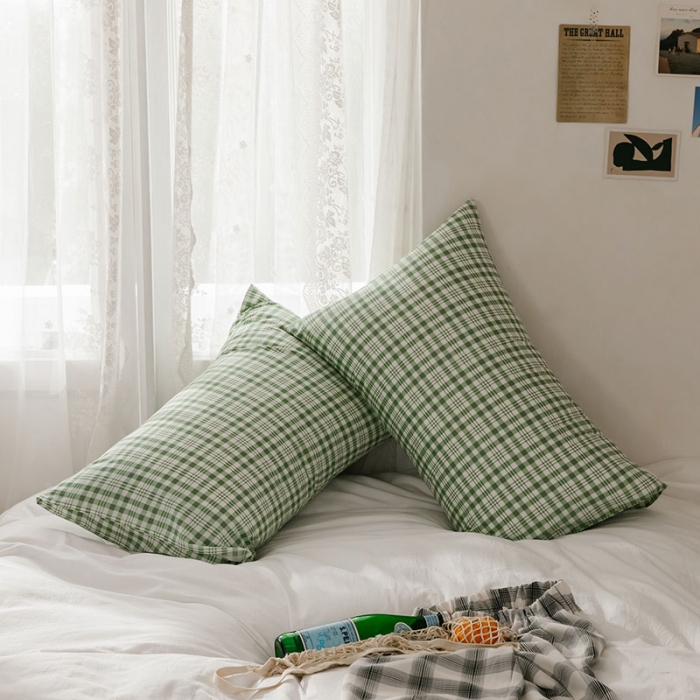 91家纺网 家纺一手货源 找家纺 艾沁 2020新款13372全棉枕套48*74cm 绿白条格