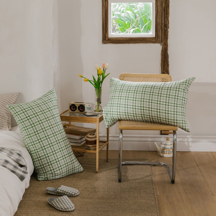 91家纺网 家纺一手货源 找家纺 艾沁 2020新款13372全棉枕套48*74cm 绿白条格