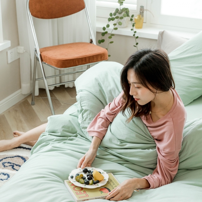 91家纺网 家纺一手货源 找家纺 华超针织 2021新款针织纯色四件套1 豆绿