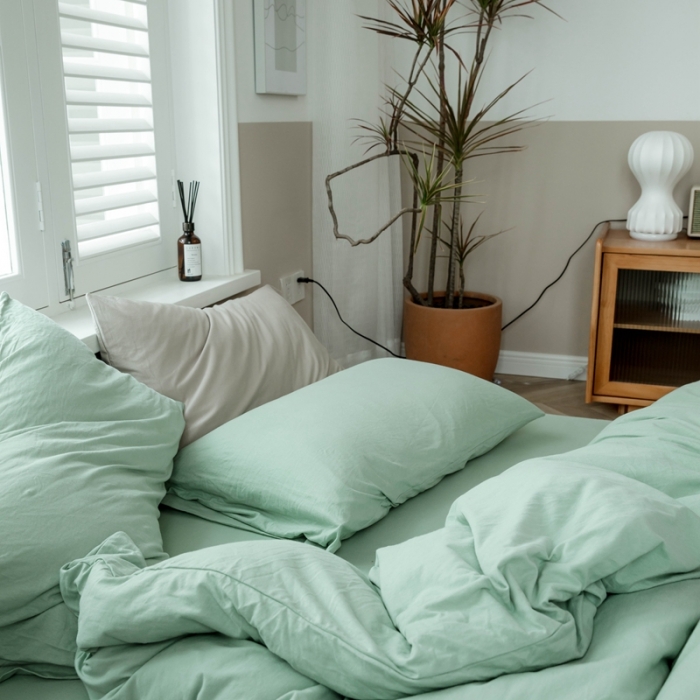 91家纺网 家纺一手货源 找家纺 华超针织 2021新款针织纯色四件套1 豆绿