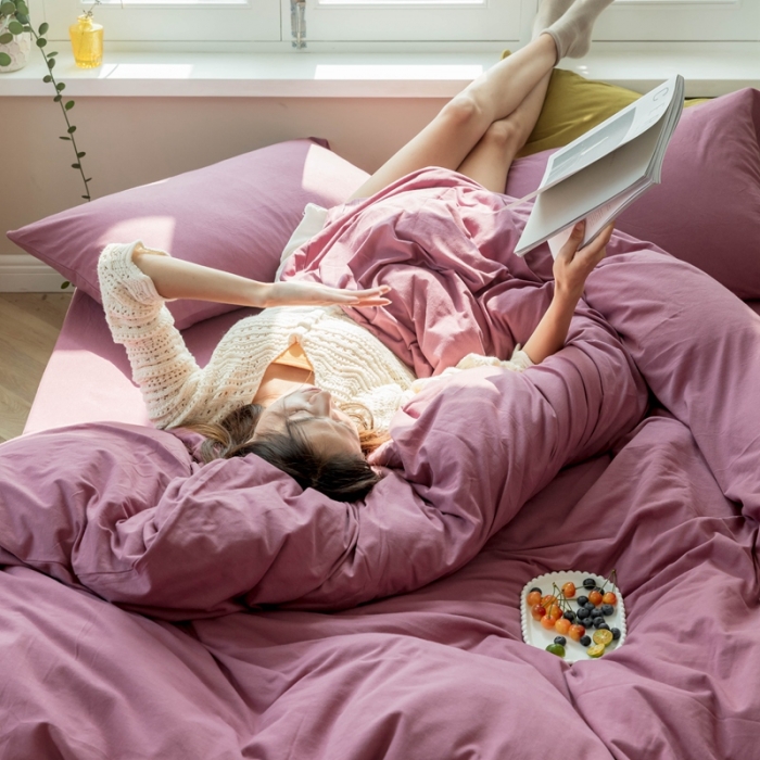 91家纺网 家纺一手货源 找家纺 华超针织 2021新款针织纯色四件套1 豆沙