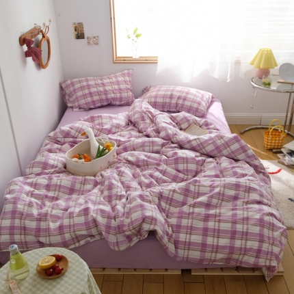 （总）桃子家居 2020新款纯棉冰淇淋系格子色织水洗棉四件套