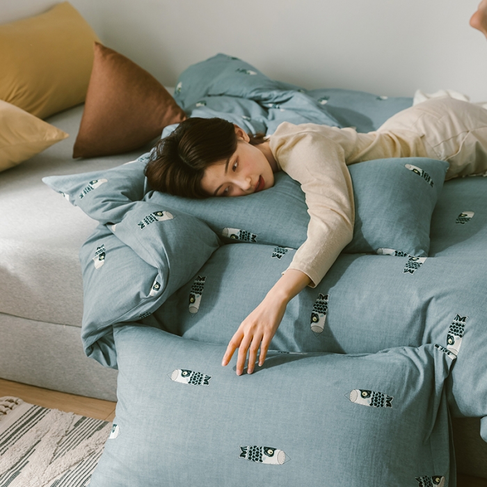 91家纺网 家纺一手货源 找家纺 风向标 2020新款第二季针织棉四件套 鱼旗-蓝