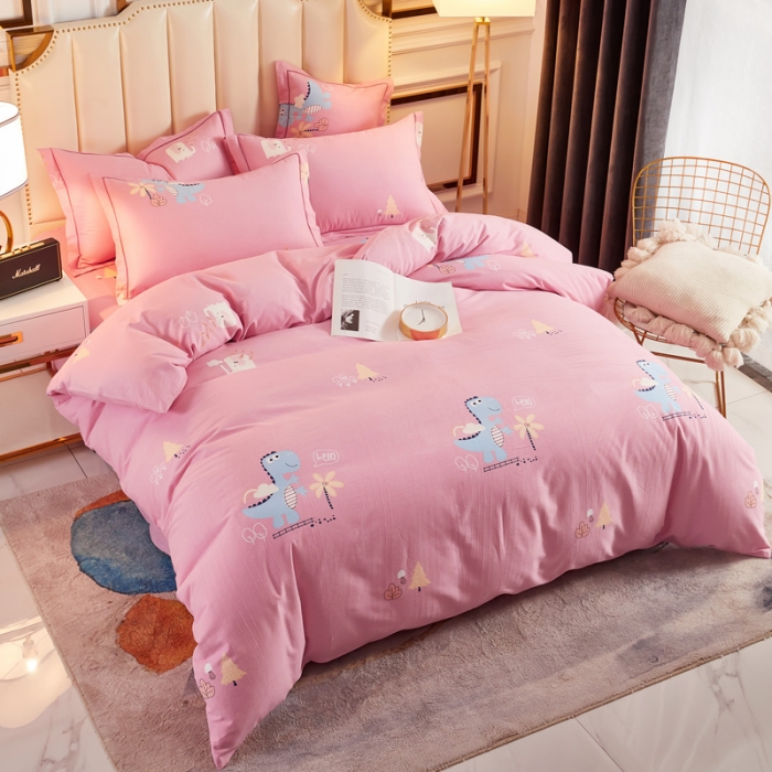 91家纺网 家纺一手货源 找家纺 雲归梦 2020新款全棉加厚磨毛四件套 恐龙乐园-粉