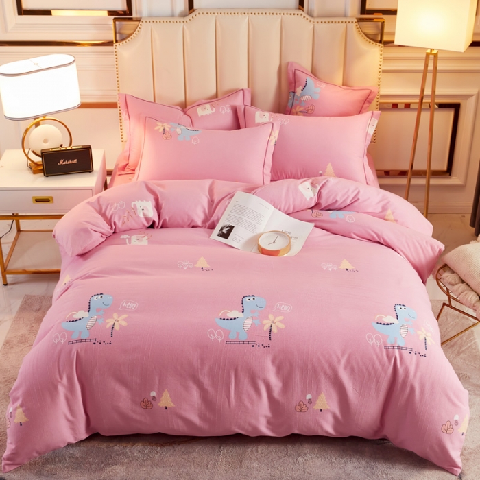 91家纺网 家纺一手货源 找家纺 雲归梦 2020新款全棉加厚磨毛四件套 恐龙乐园-粉