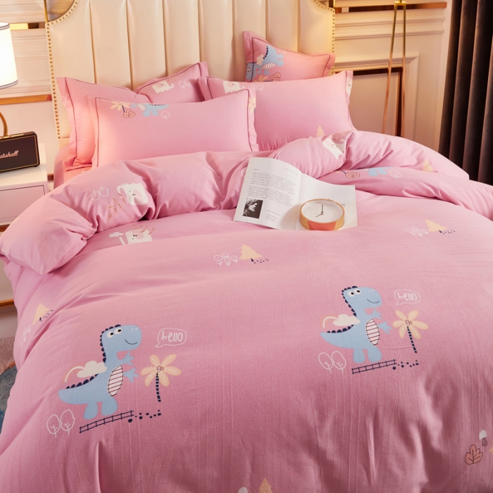 91家纺网 家纺一手货源 找家纺 雲归梦 2020新款全棉加厚磨毛四件套 恐龙乐园-粉