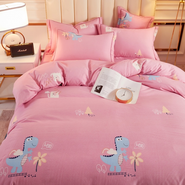 91家纺网 家纺一手货源 找家纺 雲归梦 2020新款全棉加厚磨毛四件套 恐龙乐园-粉