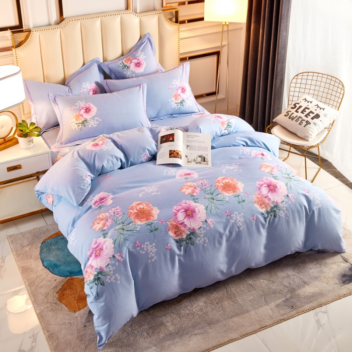 91家纺网 家纺一手货源 找家纺 雲归梦 2020新款全棉加厚磨毛四件套 夜芙海棠-蓝