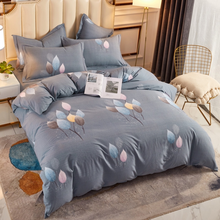 91家纺网 家纺一手货源 找家纺 雲归梦 2020新款全棉加厚磨毛四件套 羽叶-灰