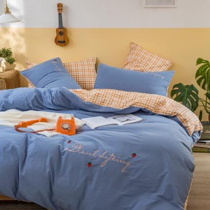 捌月全棉水洗棉刺绣印花四件套 罗拉-蓝灰