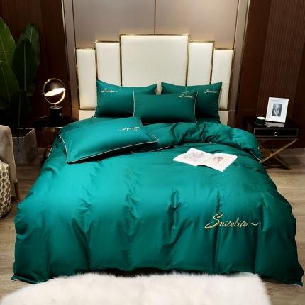 91家纺网 家纺一手货源 找家纺 艾佳2025新款款全棉40贡缎纯色刺绣轻奢风系列四件套 黛绿