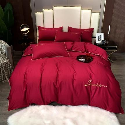 91家纺网 家纺一手货源 找家纺 艾佳2025新款款全棉40贡缎纯色刺绣轻奢风系列四件套酒红