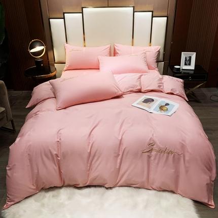 91家纺网 家纺一手货源 找家纺 艾佳2025新款款全棉40贡缎纯色刺绣轻奢风系列四件套梦粉