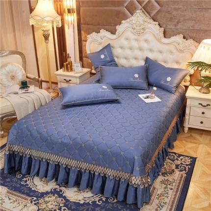 91家纺网 家纺一手货源 找家纺 菊上 2021新款60支长绒棉山茶花系列加棉床盖 钴蓝色