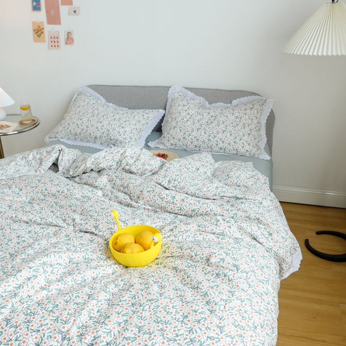 91家纺网 家纺一手货源 找家纺 艾沁 2020新款韩国刺绣花边小碎花纯棉四件套 白茶