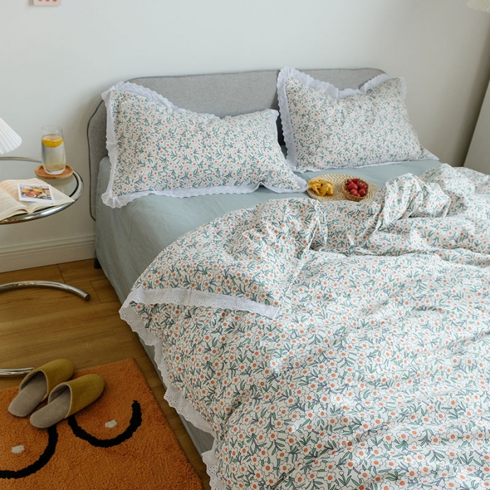 91家纺网 家纺一手货源 找家纺 艾沁 2020新款韩国刺绣花边小碎花纯棉四件套 白茶