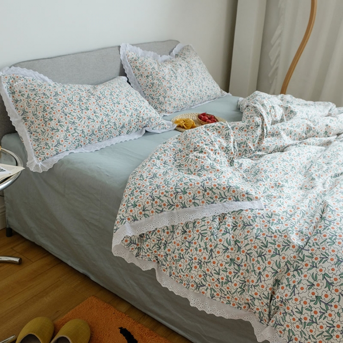 91家纺网 家纺一手货源 找家纺 艾沁 2020新款韩国刺绣花边小碎花纯棉四件套 白茶