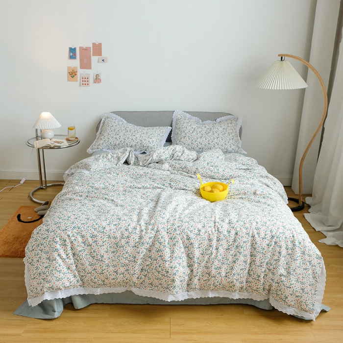 91家纺网 家纺一手货源 找家纺 艾沁 2020新款韩国刺绣花边小碎花纯棉四件套 白茶