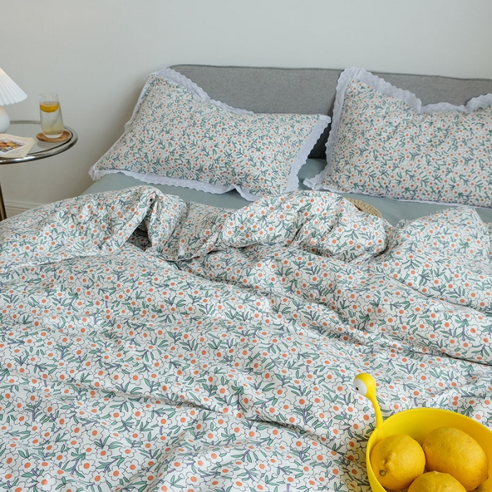 91家纺网 家纺一手货源 找家纺 艾沁 2020新款韩国刺绣花边小碎花纯棉四件套 白茶