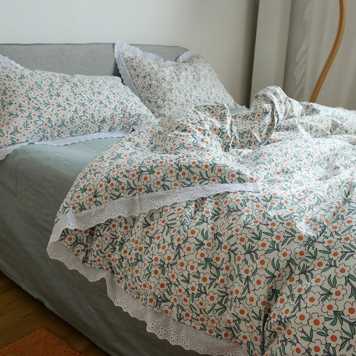 91家纺网 家纺一手货源 找家纺 艾沁 2020新款韩国刺绣花边小碎花纯棉四件套 白茶