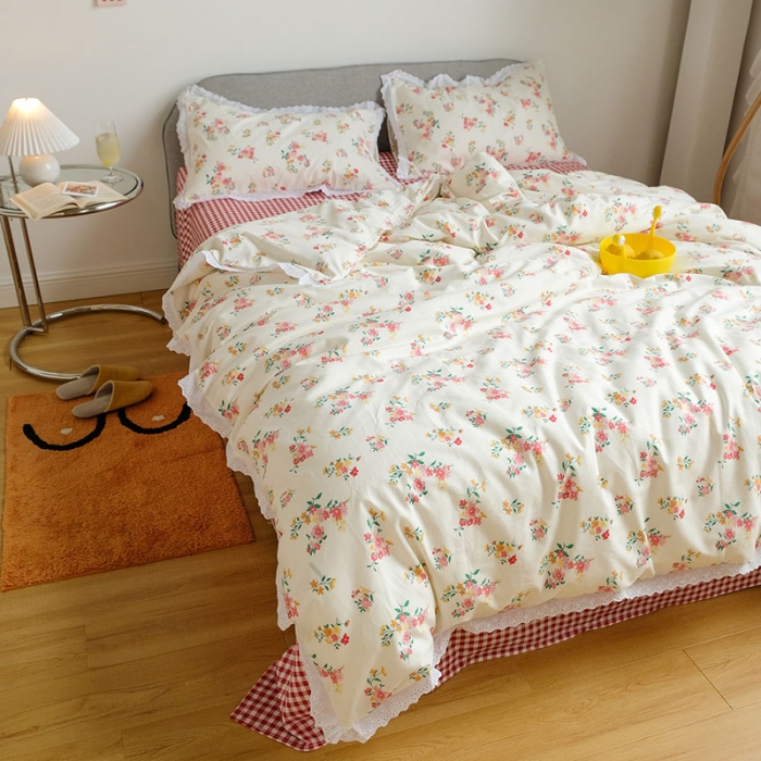 91家纺网 家纺一手货源 找家纺 艾沁 2020新款韩国刺绣花边小碎花纯棉四件套 韩佳人