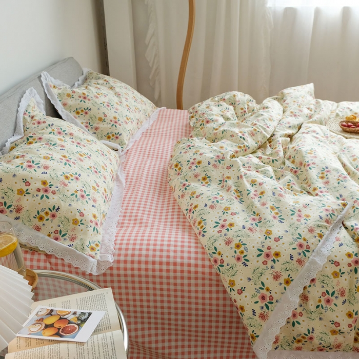 91家纺网 家纺一手货源 找家纺 艾沁 2020新款韩国刺绣花边小碎花纯棉四件套 花漾