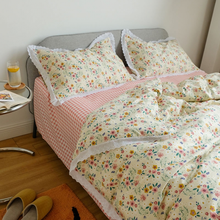 91家纺网 家纺一手货源 找家纺 艾沁 2020新款韩国刺绣花边小碎花纯棉四件套 花漾