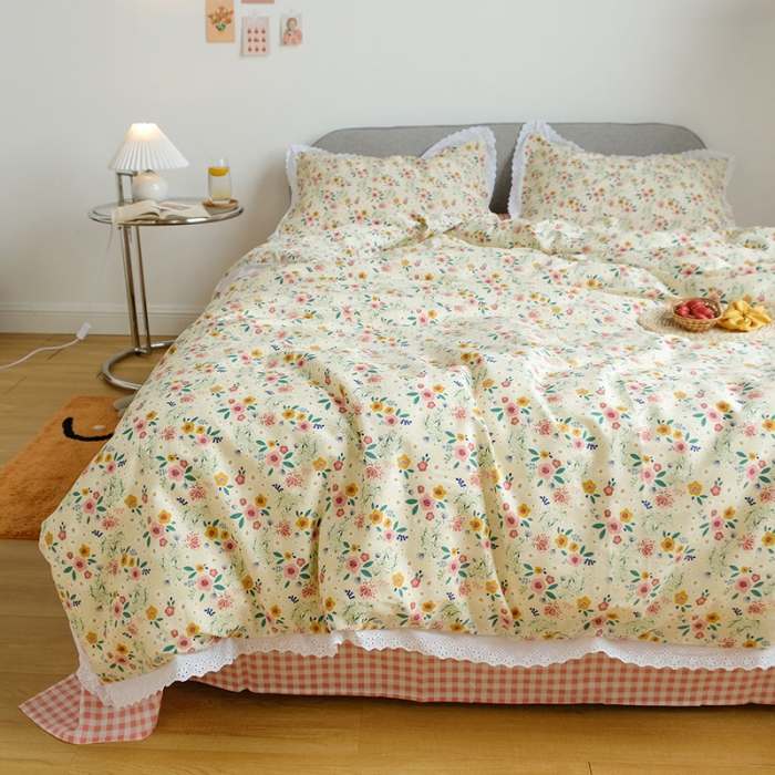 91家纺网 家纺一手货源 找家纺 艾沁 2020新款韩国刺绣花边小碎花纯棉四件套 花漾