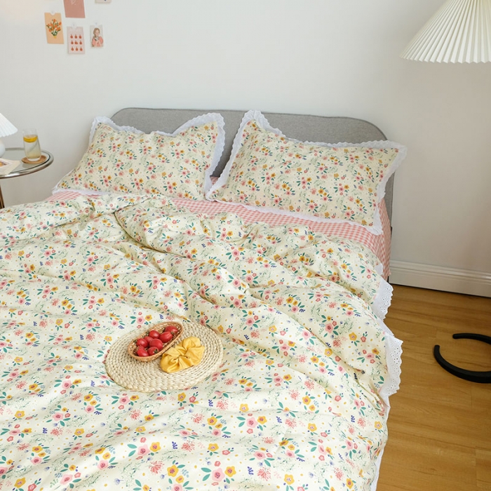 91家纺网 家纺一手货源 找家纺 艾沁 2020新款韩国刺绣花边小碎花纯棉四件套 花漾