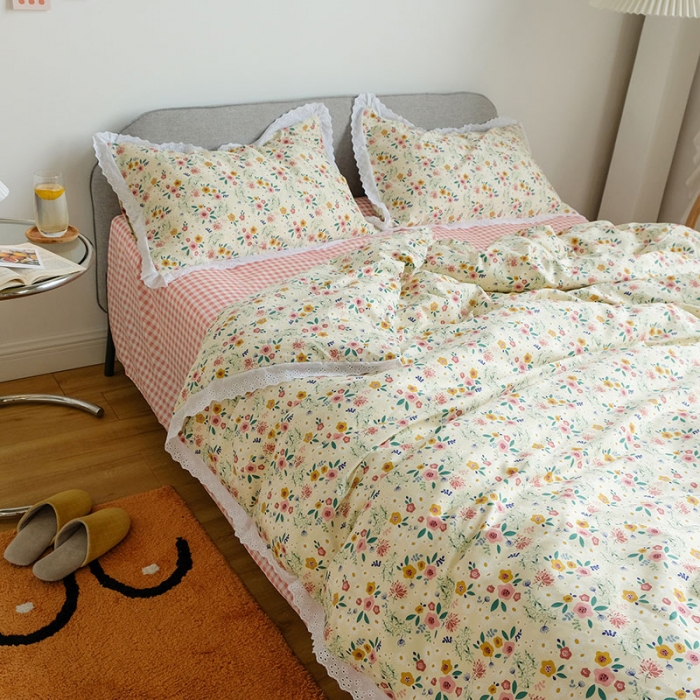 91家纺网 家纺一手货源 找家纺 艾沁 2020新款韩国刺绣花边小碎花纯棉四件套 花漾