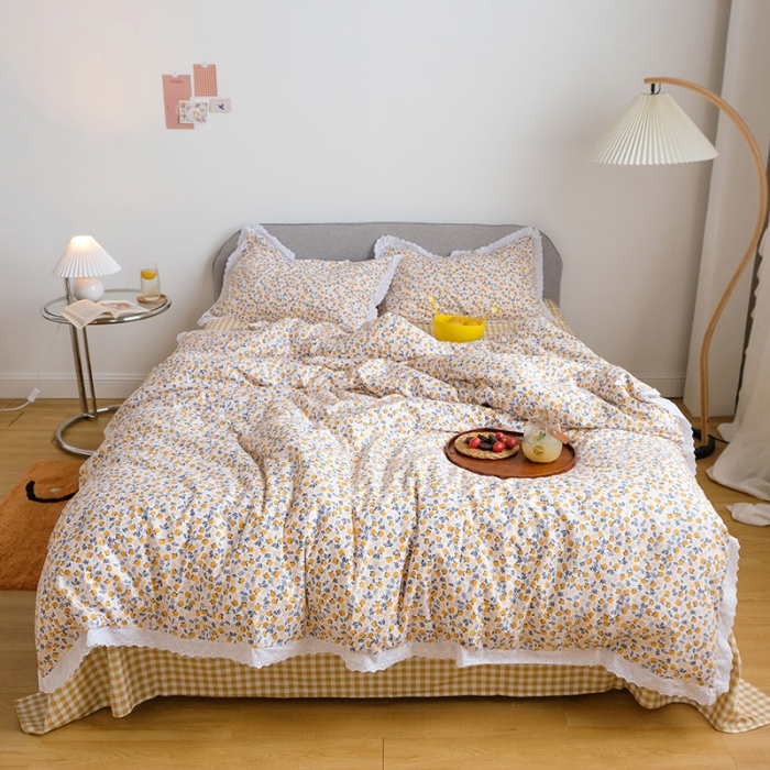 91家纺网 家纺一手货源 找家纺 艾沁 2020新款韩国刺绣花边小碎花纯棉四件套 橘落