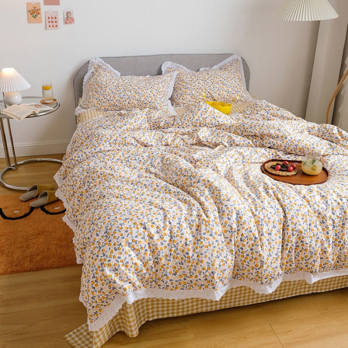 91家纺网 家纺一手货源 找家纺 艾沁 2020新款韩国刺绣花边小碎花纯棉四件套 橘落