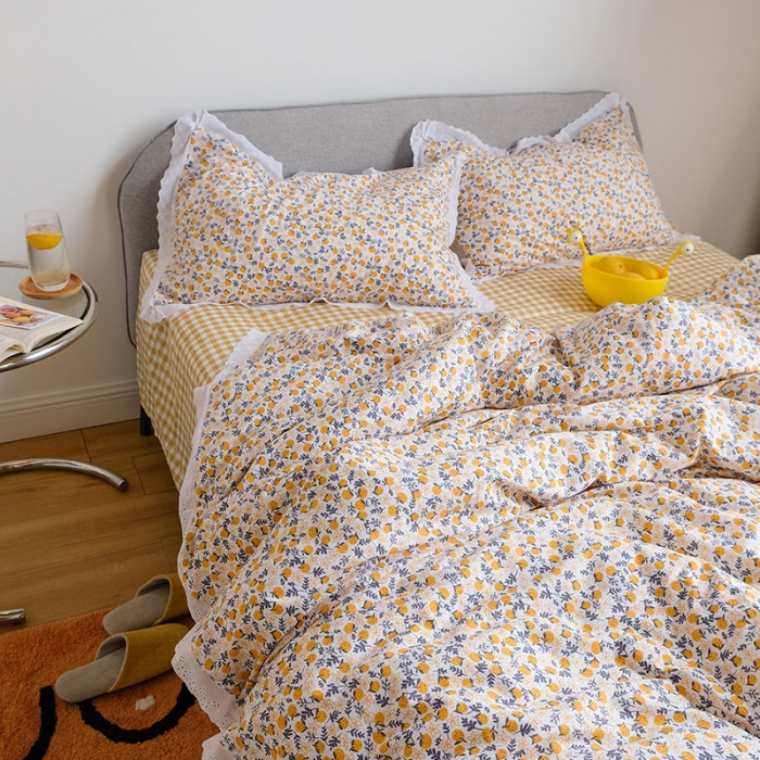 91家纺网 家纺一手货源 找家纺 艾沁 2020新款韩国刺绣花边小碎花纯棉四件套 橘落