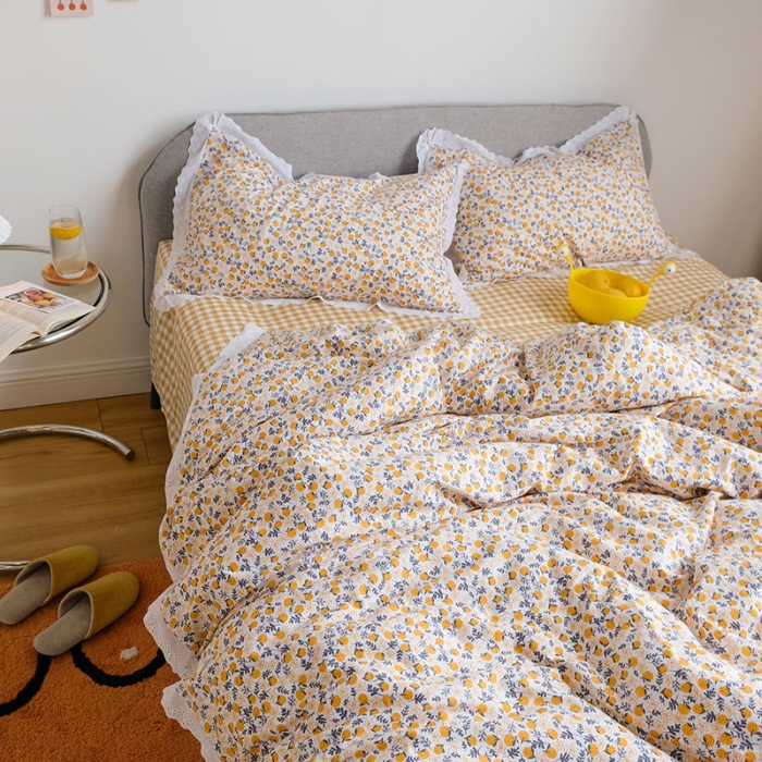 91家纺网 家纺一手货源 找家纺 艾沁 2020新款韩国刺绣花边小碎花纯棉四件套 橘落