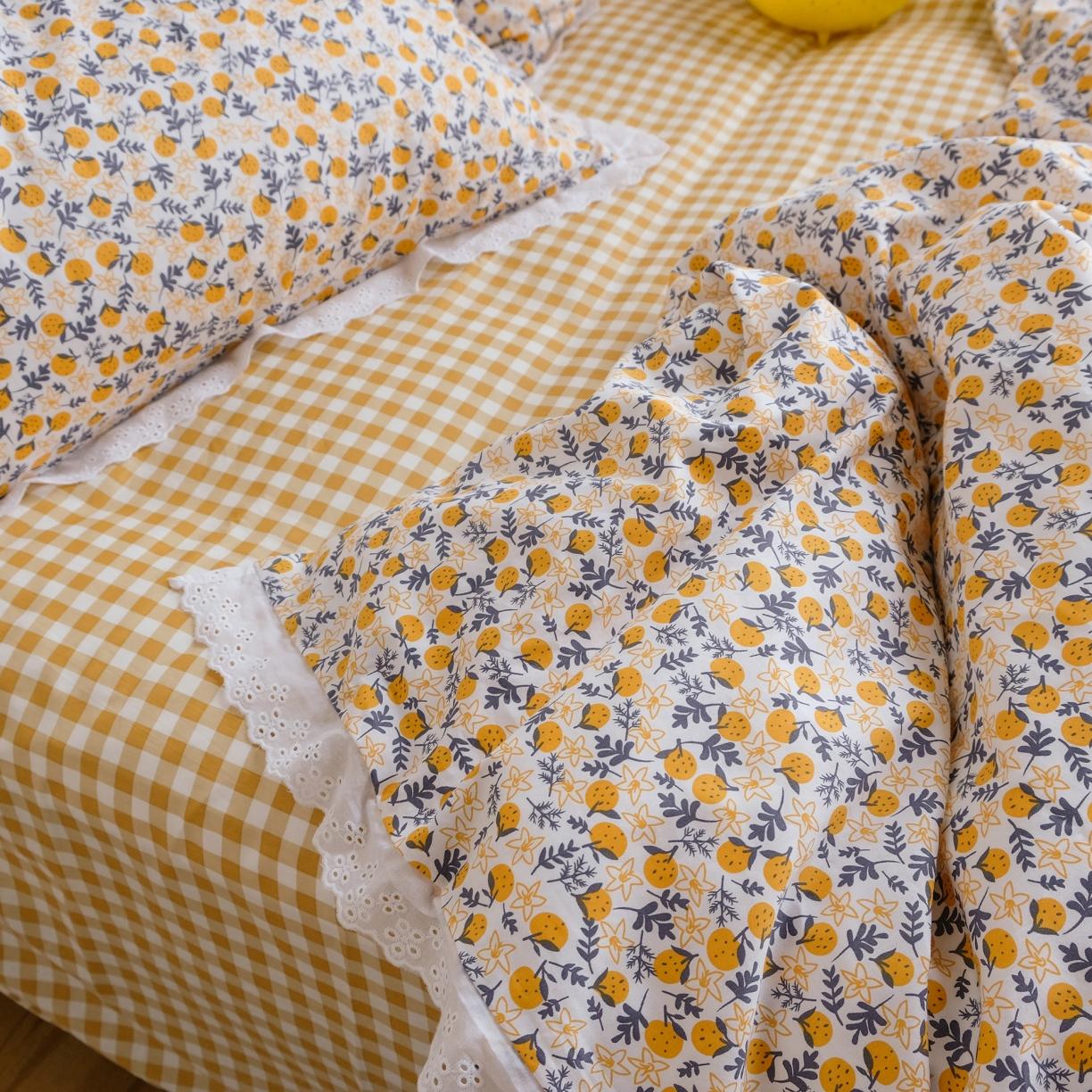 91家纺网 家纺一手货源 找家纺 艾沁 2020新款韩国刺绣花边小碎花纯棉四件套 橘落