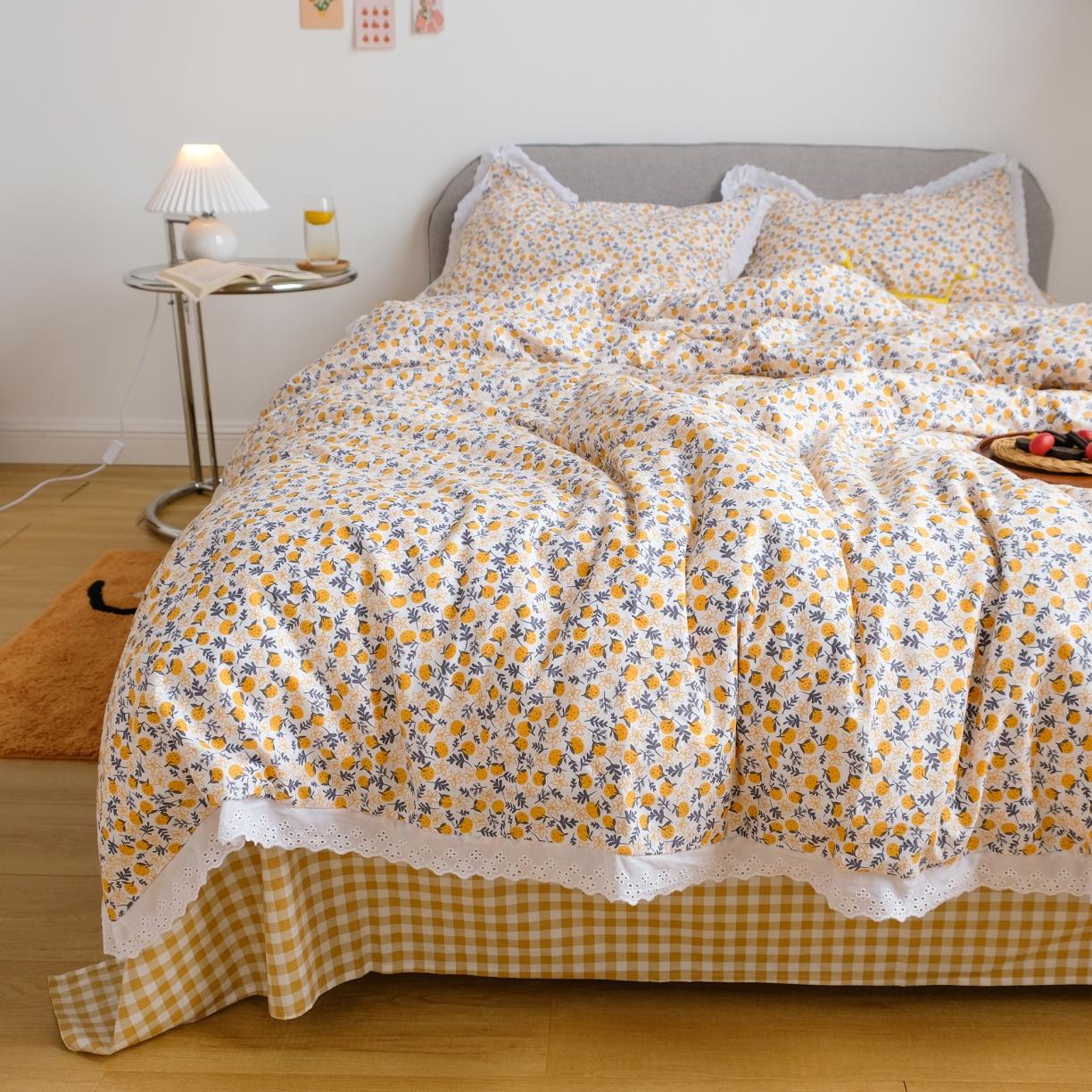 91家纺网 家纺一手货源 找家纺 艾沁 2020新款韩国刺绣花边小碎花纯棉四件套 橘落