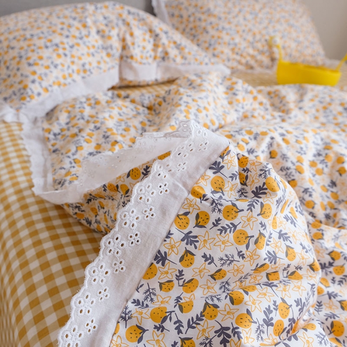 91家纺网 家纺一手货源 找家纺 艾沁 2020新款韩国刺绣花边小碎花纯棉四件套 橘落