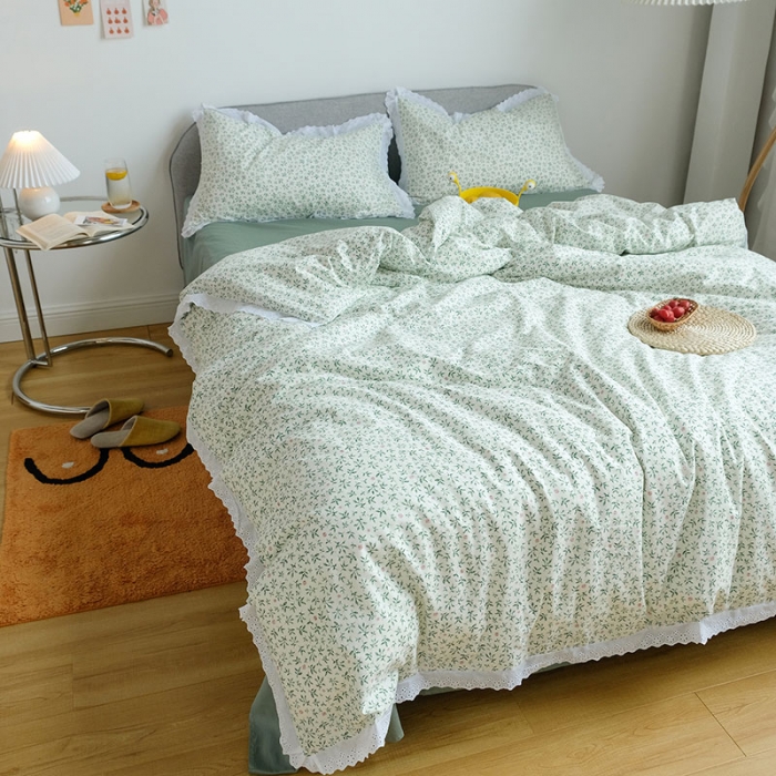 91家纺网 家纺一手货源 找家纺 艾沁 2020新款韩国刺绣花边小碎花纯棉四件套 抹茶