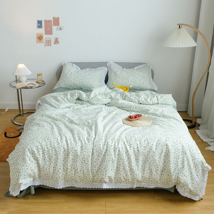 91家纺网 家纺一手货源 找家纺 艾沁 2020新款韩国刺绣花边小碎花纯棉四件套 抹茶