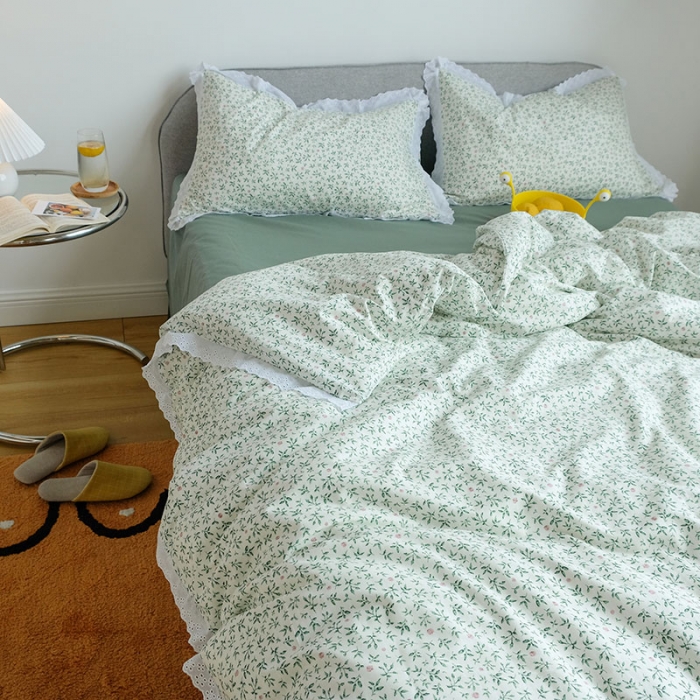 91家纺网 家纺一手货源 找家纺 艾沁 2020新款韩国刺绣花边小碎花纯棉四件套 抹茶