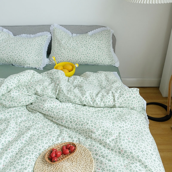 91家纺网 家纺一手货源 找家纺 艾沁 2020新款韩国刺绣花边小碎花纯棉四件套 抹茶