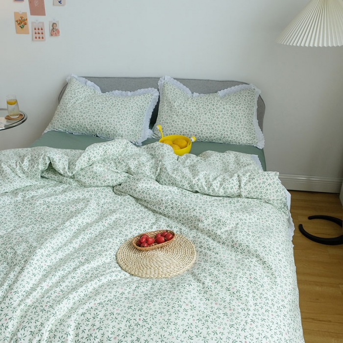 91家纺网 家纺一手货源 找家纺 艾沁 2020新款韩国刺绣花边小碎花纯棉四件套 抹茶