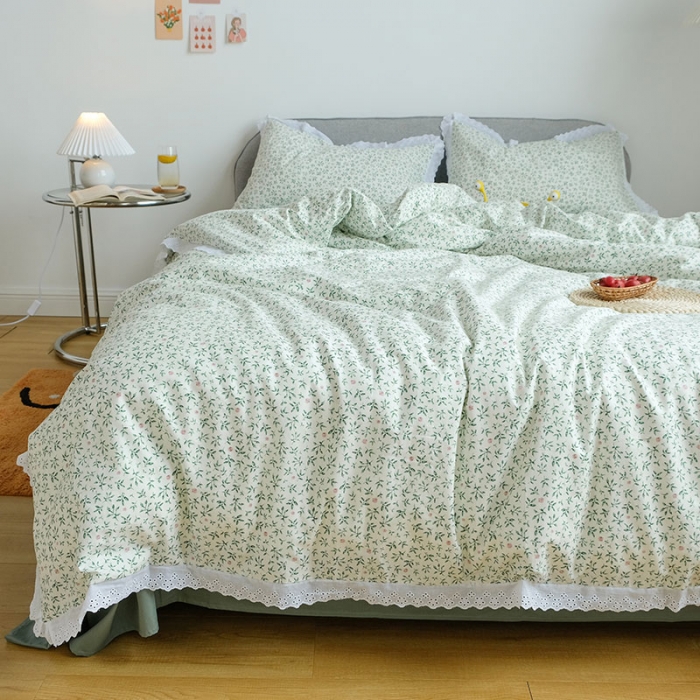91家纺网 家纺一手货源 找家纺 艾沁 2020新款韩国刺绣花边小碎花纯棉四件套 抹茶
