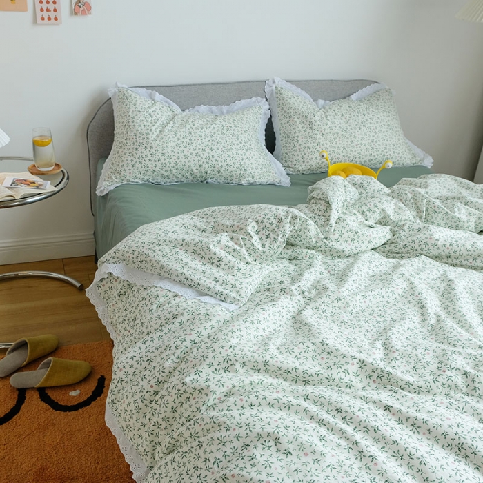 91家纺网 家纺一手货源 找家纺 艾沁 2020新款韩国刺绣花边小碎花纯棉四件套 抹茶