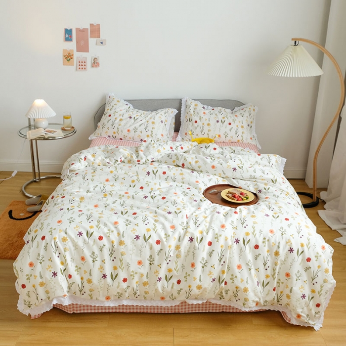 91家纺网 家纺一手货源 找家纺 艾沁 2020新款韩国刺绣花边小碎花纯棉四件套 诺草-粉格