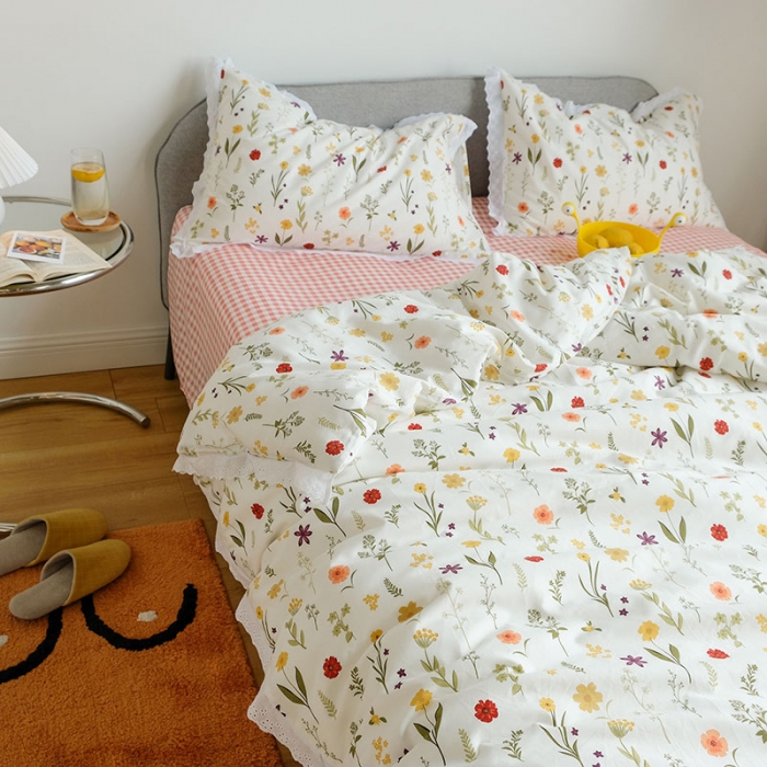 91家纺网 家纺一手货源 找家纺 艾沁 2020新款韩国刺绣花边小碎花纯棉四件套 诺草-粉格